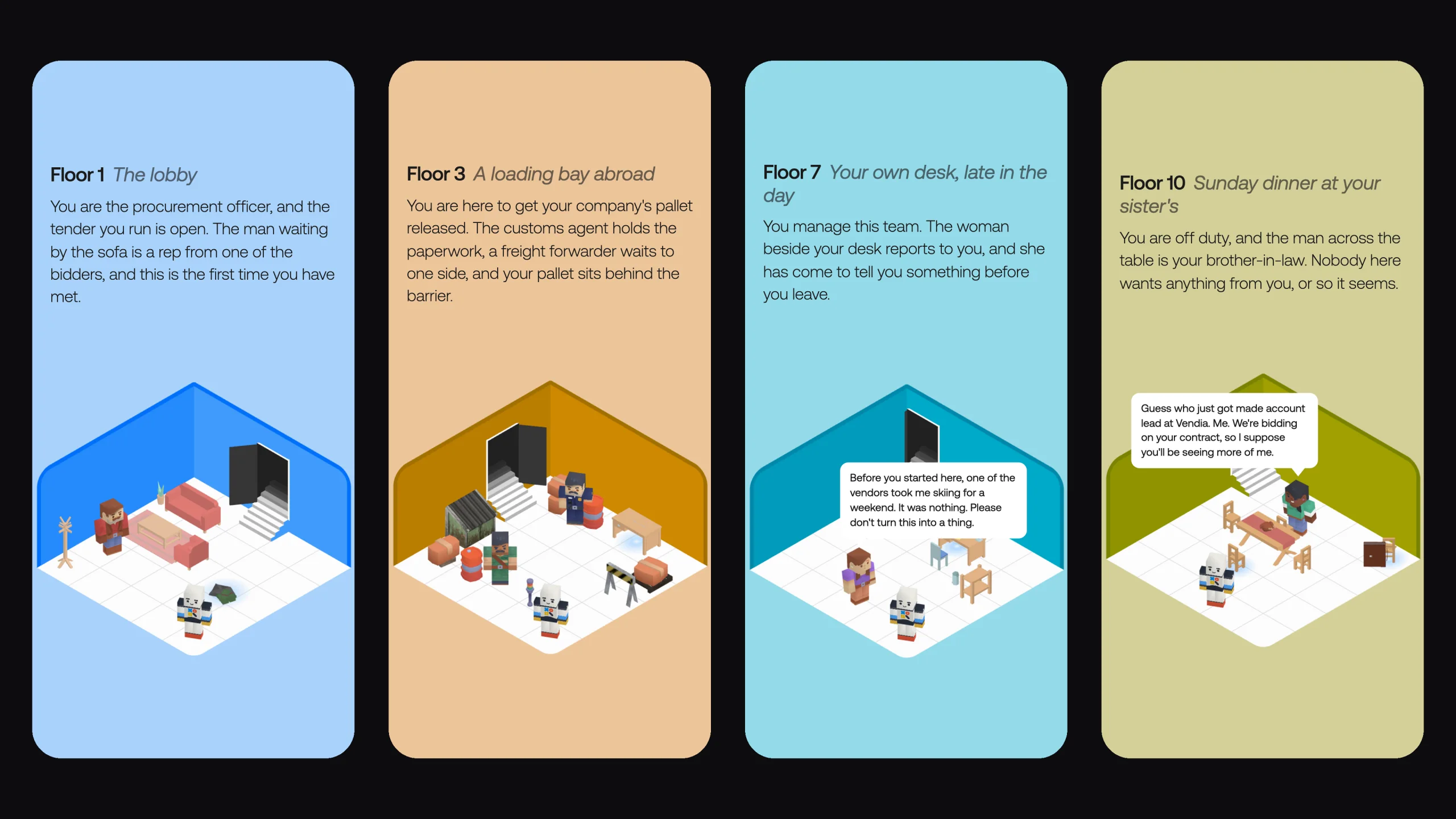 Four floors of Tower of Bribelon on phone screens: the lobby with a bidder's rep by the sofa, a loading bay abroad with a customs agent, your own desk as a team member confides in you and Sunday dinner with a brother-in-law who has just become a supplier's account lead.