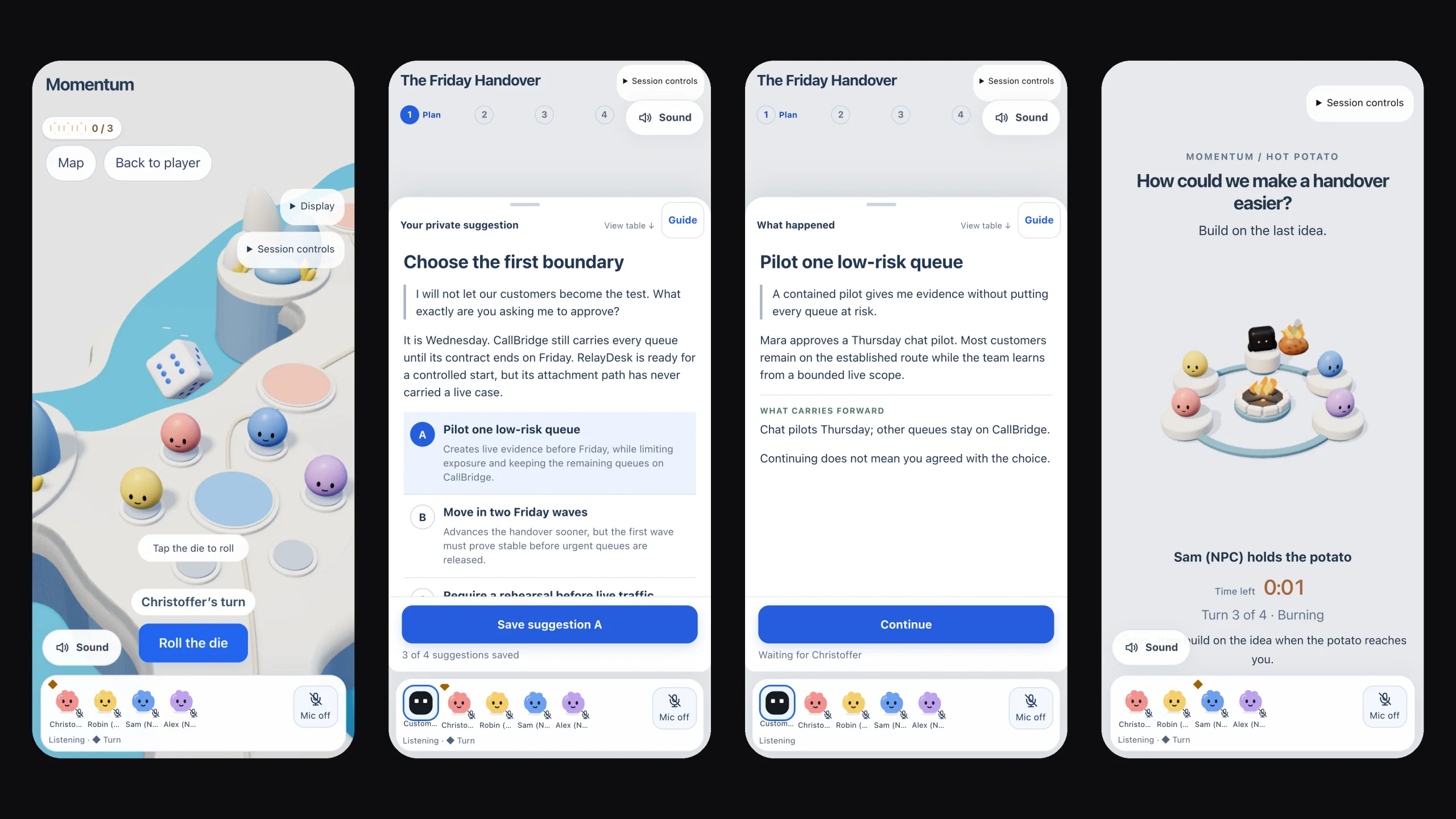 Four phone screens from the live Momentum prototype: the board with the die and four players, a private suggestion in the Friday Handover, the consequence of the team's choice and Hot Potato with the potato burning.