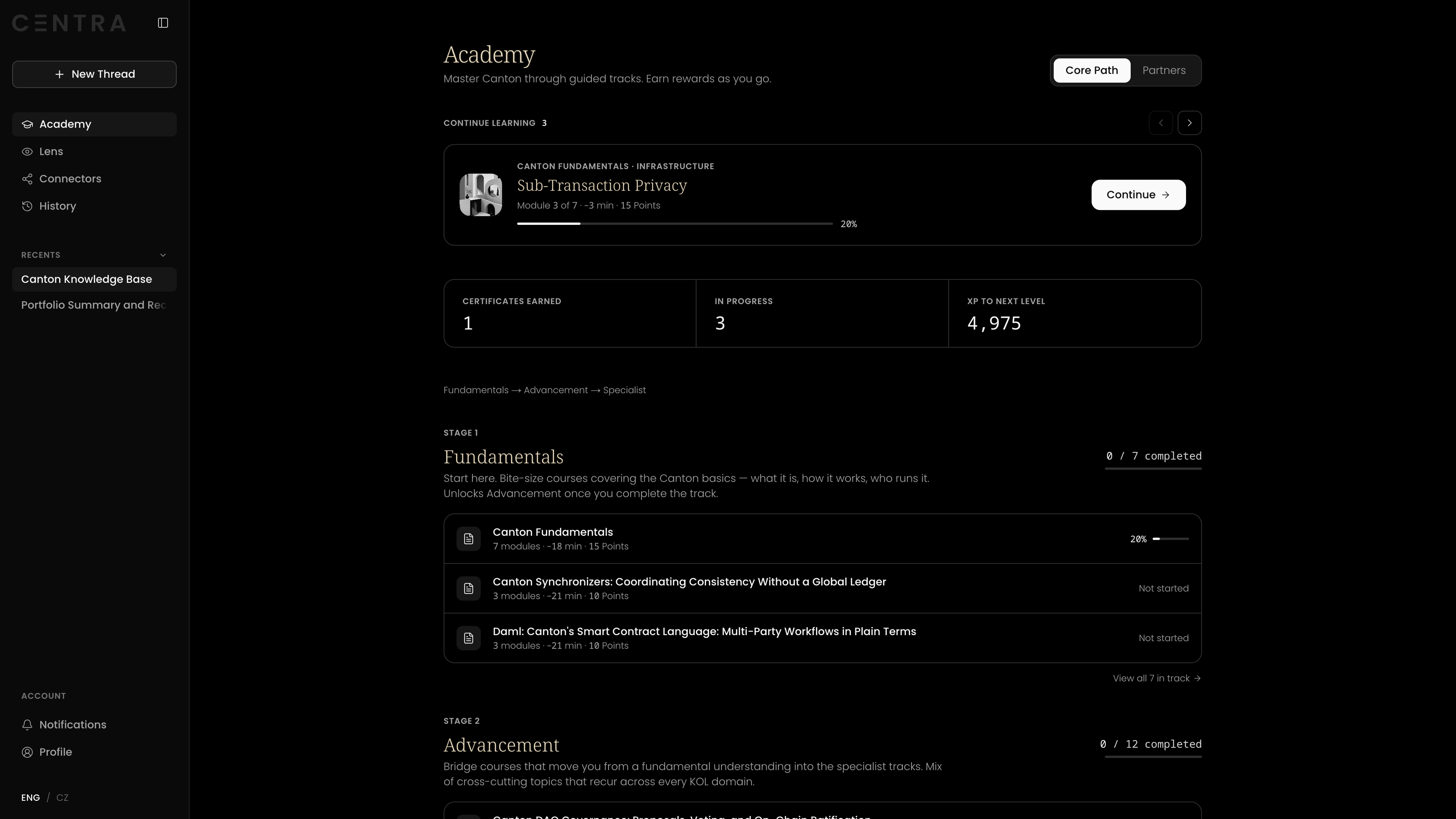 Centra Academy — guided Canton learning tracks with XP, certificates, and a Fundamentals-to-Specialist ladder.