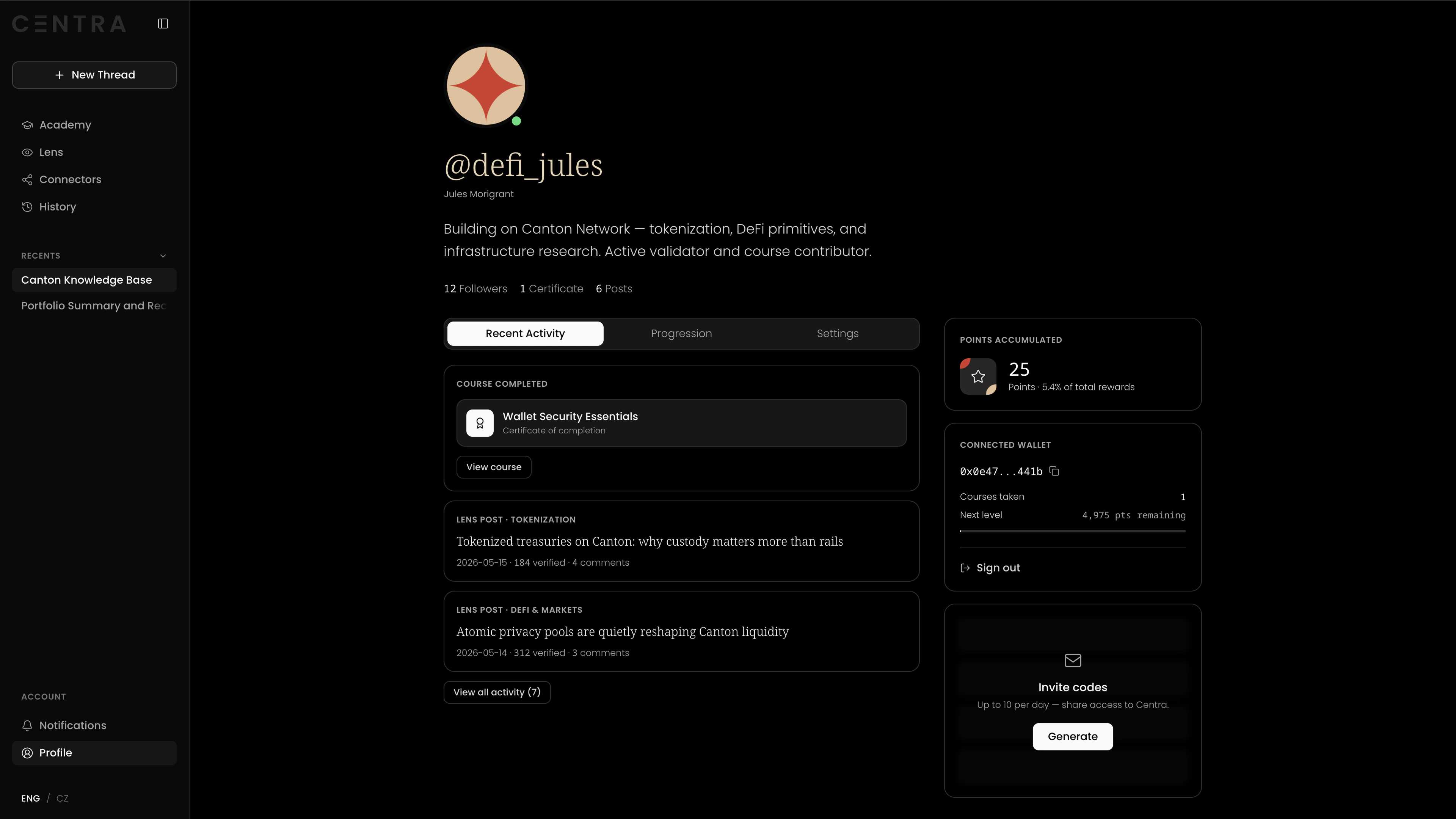 A Centra Lens contributor profile — a verified voice with posts and credentials.
