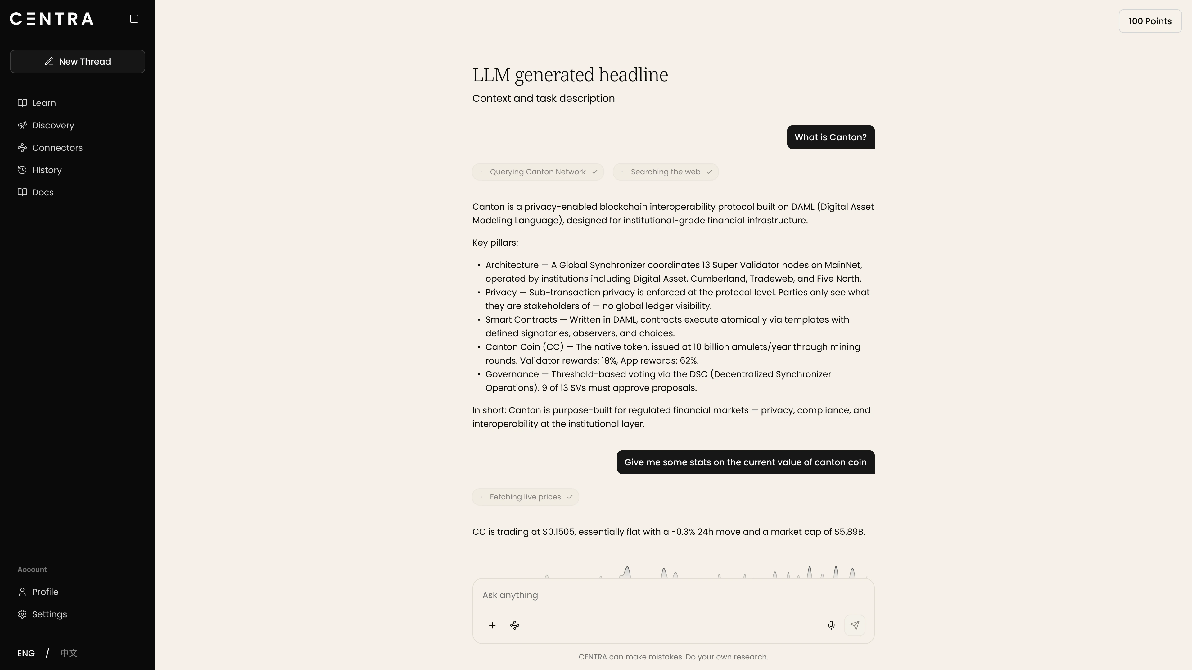 Centra Threads — a conversational surface that routes an action across Canton protocols for the user's wallet to sign.