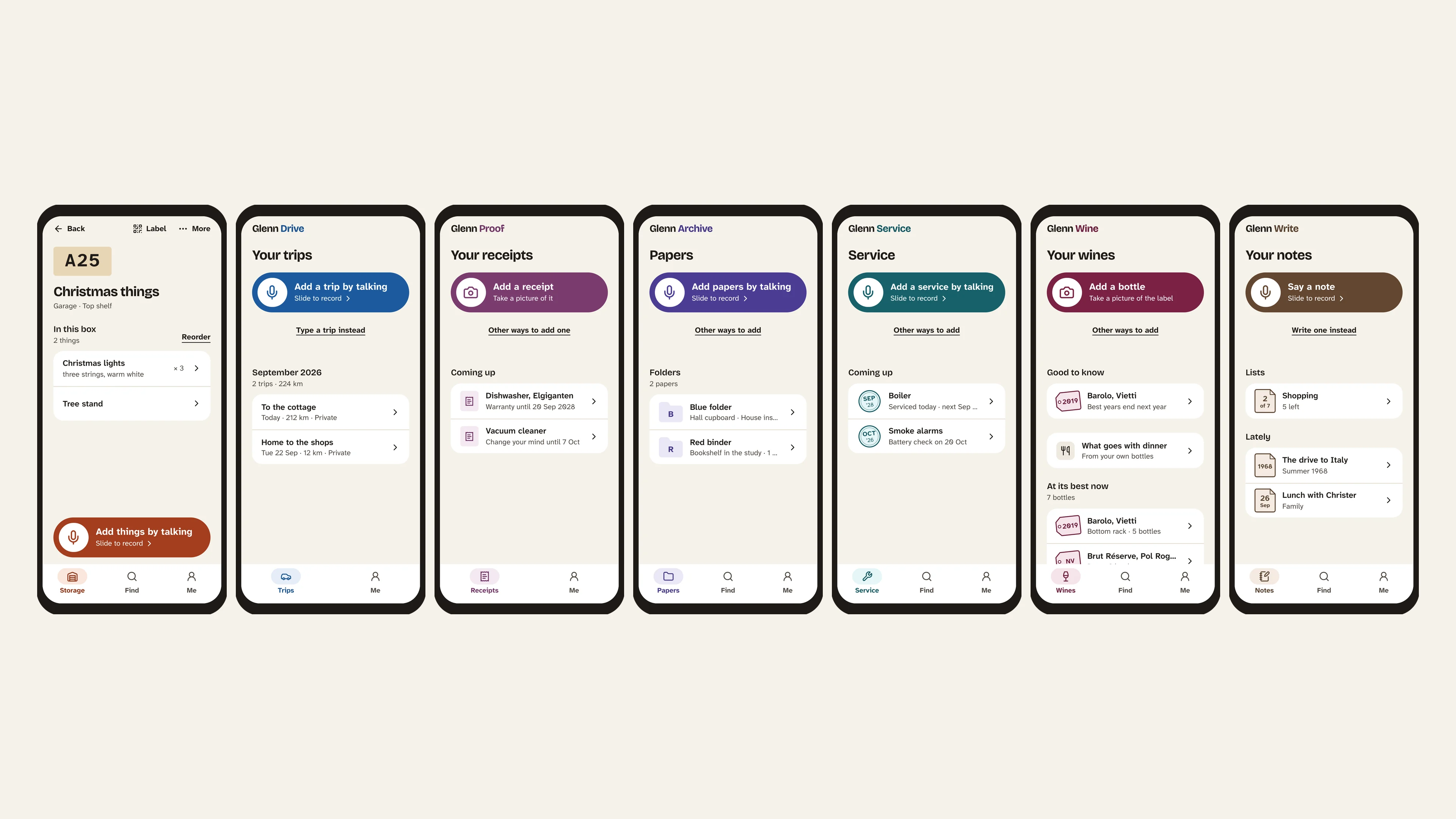 Seven phone screens from the Glenn site side by side, one per app: a storage box, trips, receipts, papers, service, wines and notes. Each has the same layout and the same large voice or camera button in its own accent colour.