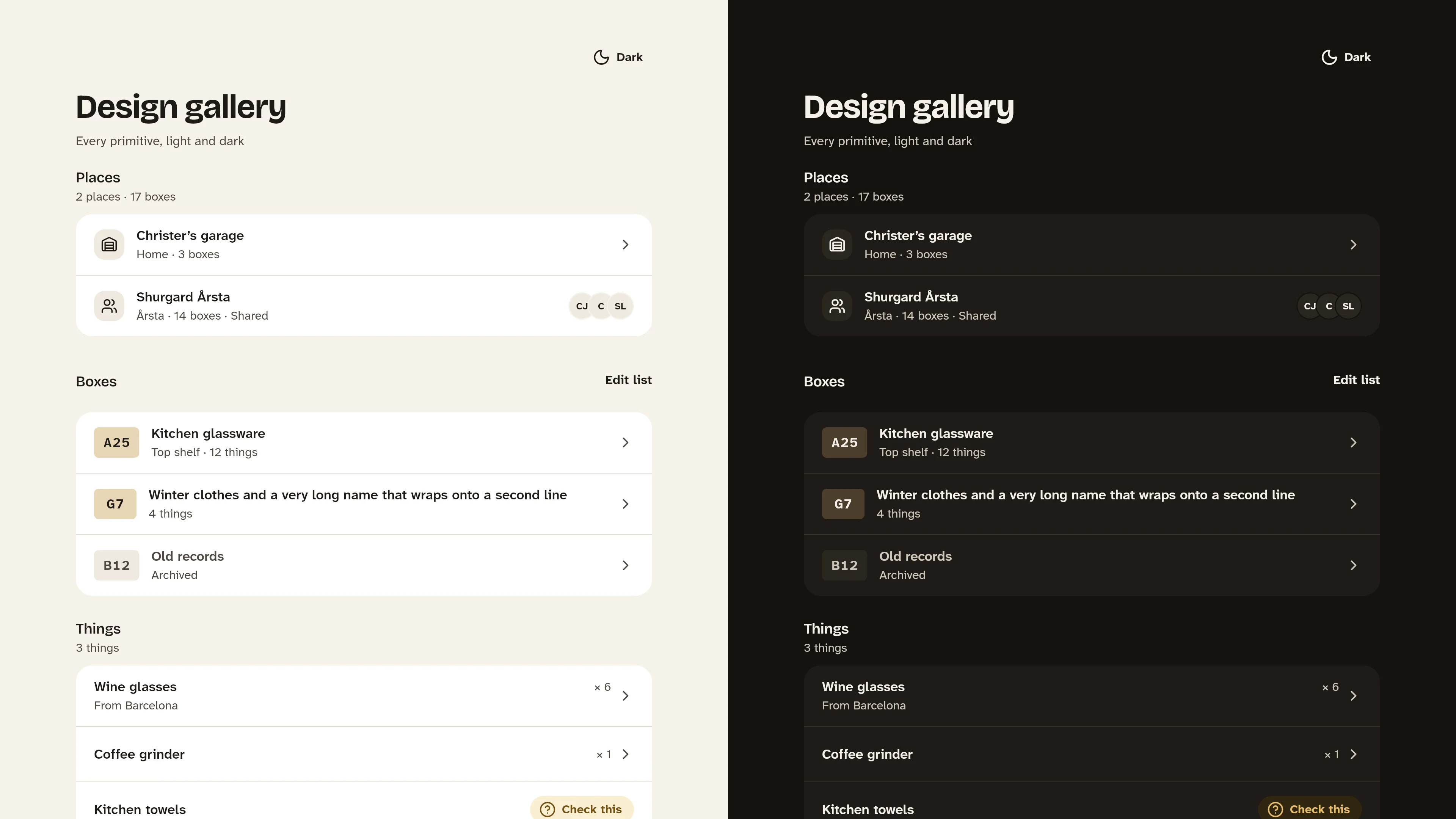 The Glenn design gallery in light and dark side by side: lists of places, boxes and things, each a single block of rows on the page background with no cards or shadows.
