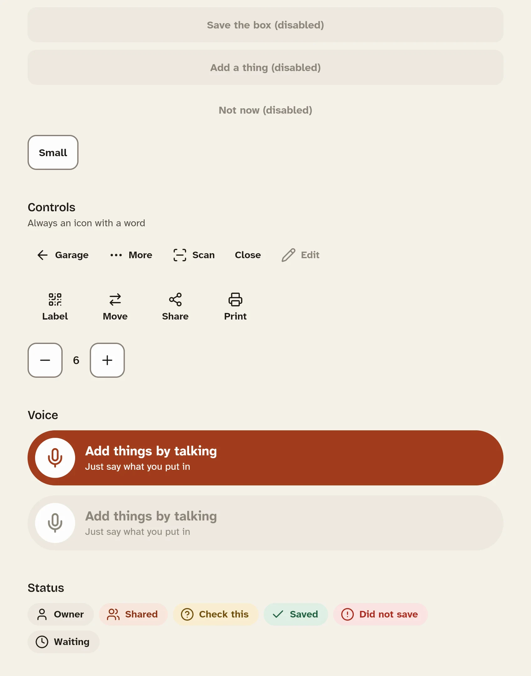 Glenn primitives in the gallery: controls that always pair an icon with a word, the minus and plus stepper, the large voice button and status pills that each carry an icon and text.