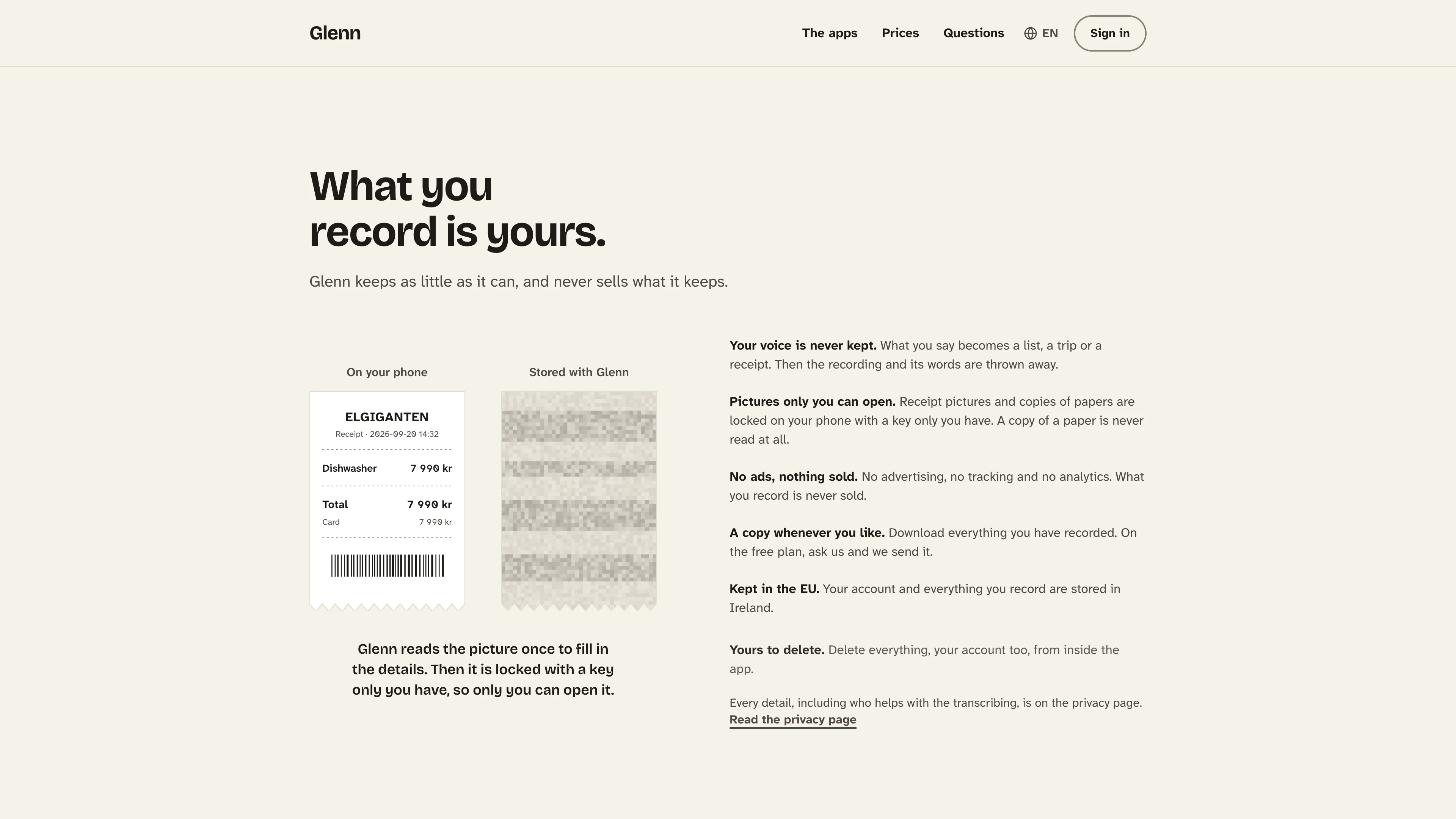 The privacy section of itsglenn.app, headed What you record is yours: a receipt shown readable on the phone and scrambled as stored, beside short statements that the voice is never kept and that everything is stored in the EU.
