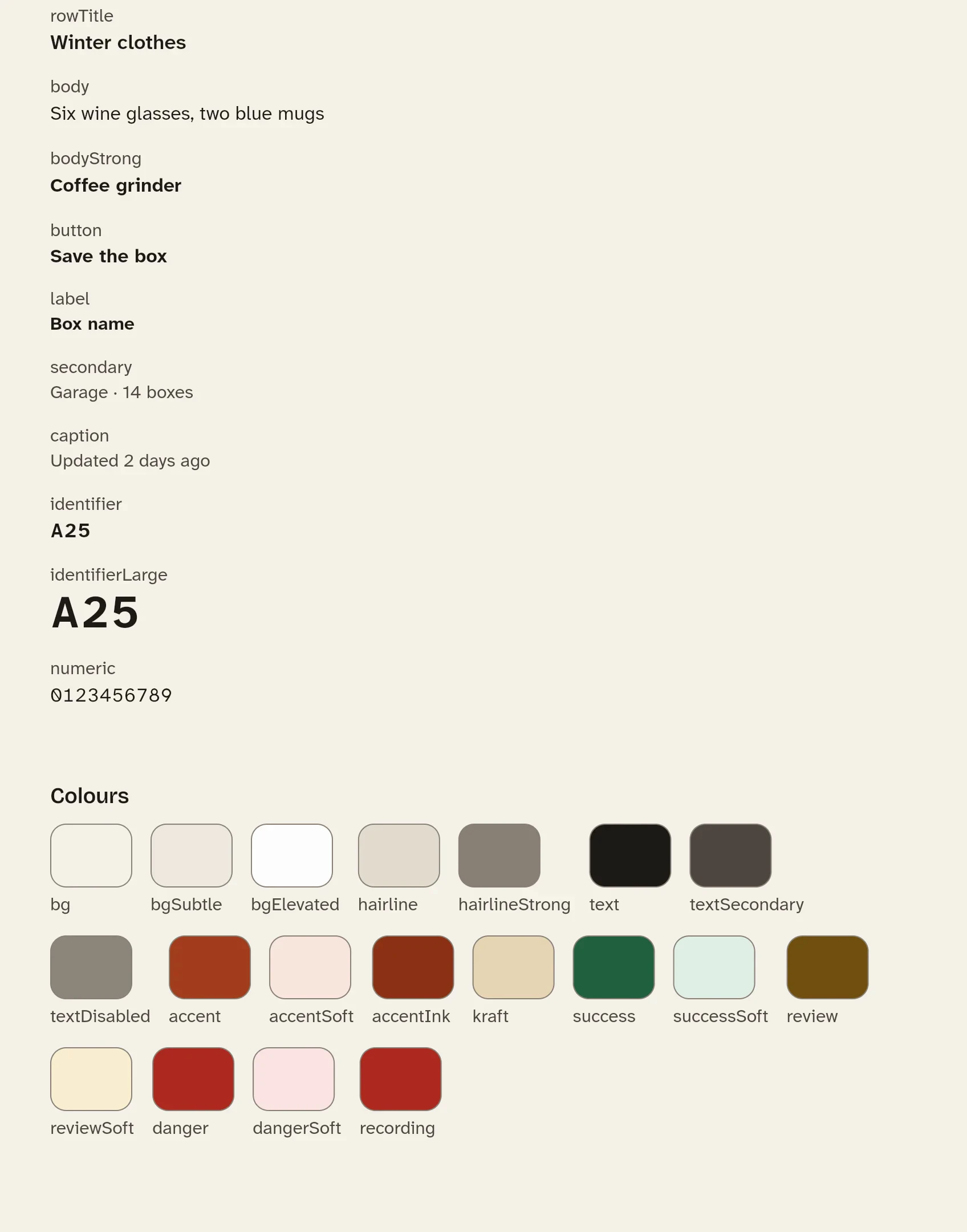 Glenn's type styles and colour tokens in the gallery: named text styles from row title to identifier, and swatches for paper, ink, accent and status colours.