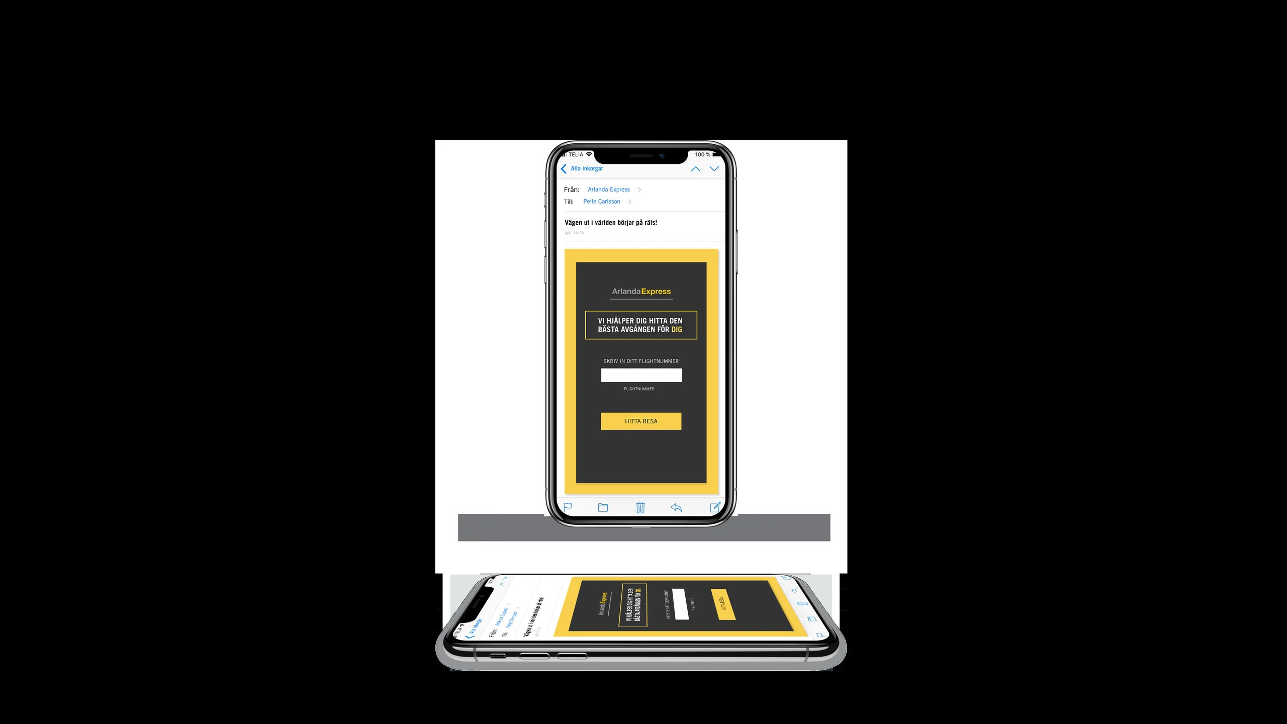 An iPhone mockup of an email concept for Arlanda Express, from a 2018 concept pitch.