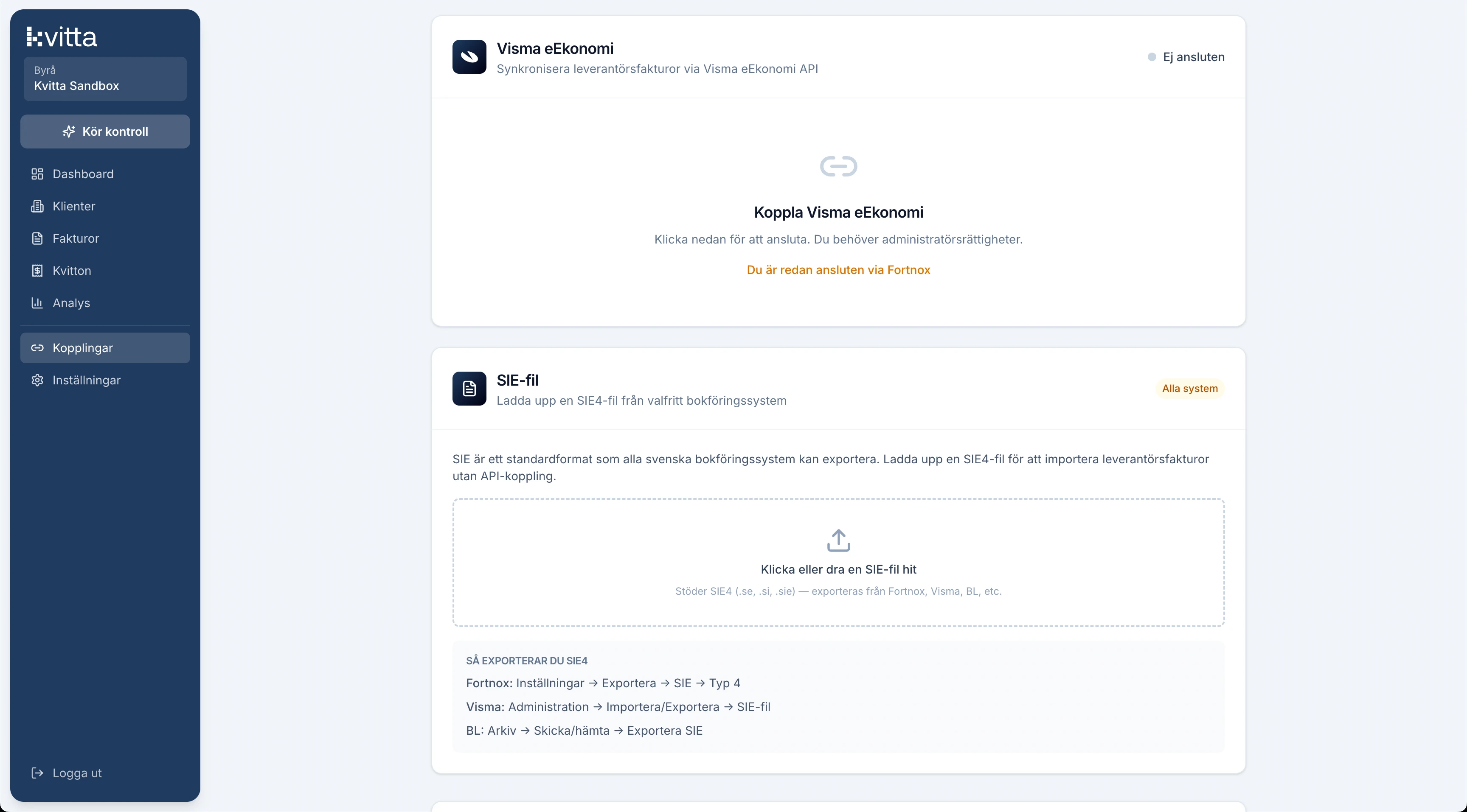 Kvitta's connections screen: sync supplier invoices from Visma eEkonomi or Fortnox, or import any SIE4 file exported from a Swedish ledger.