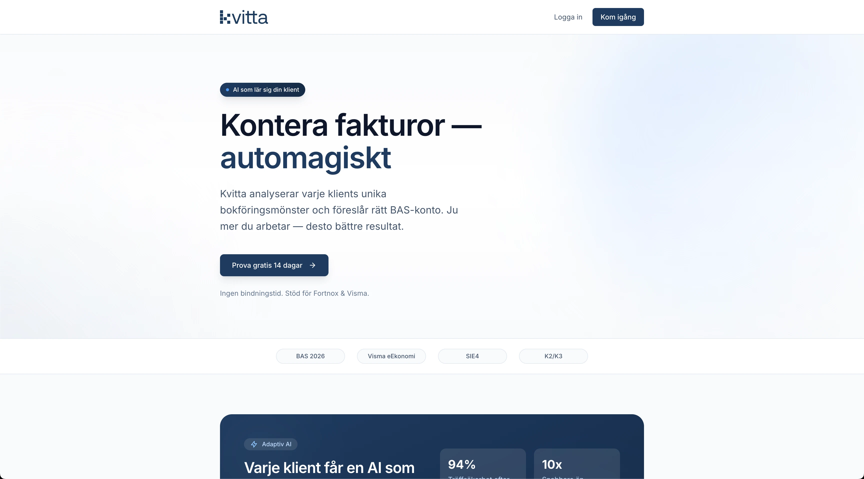 Kvitta's public site at kvitta.nu: the headline reads 'Kontera fakturor automagiskt' over a line explaining that Kvitta learns each client's booking patterns and proposes the right BAS account.