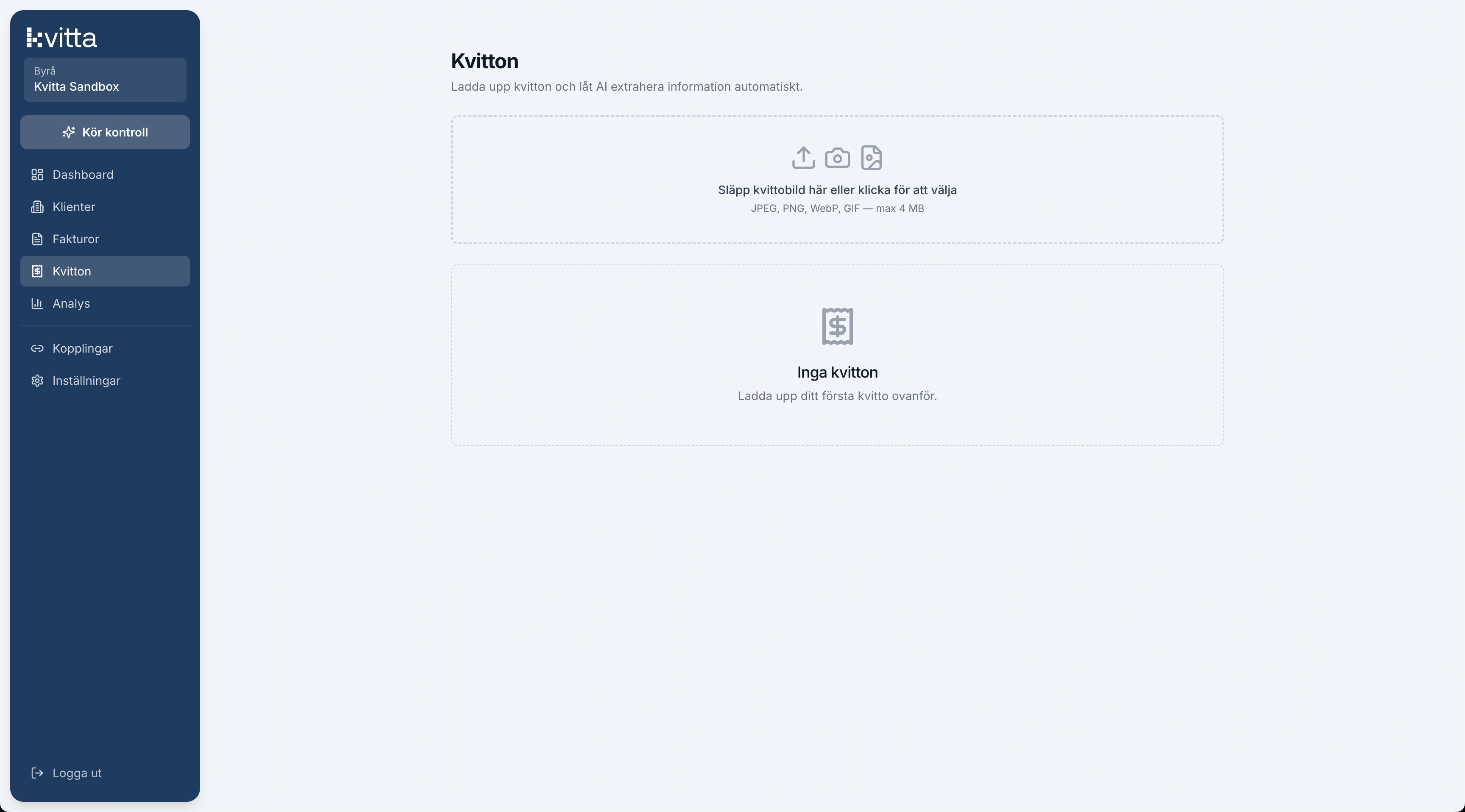 Kvitta's receipts screen: drop or photograph a receipt and the AI extracts its details automatically.