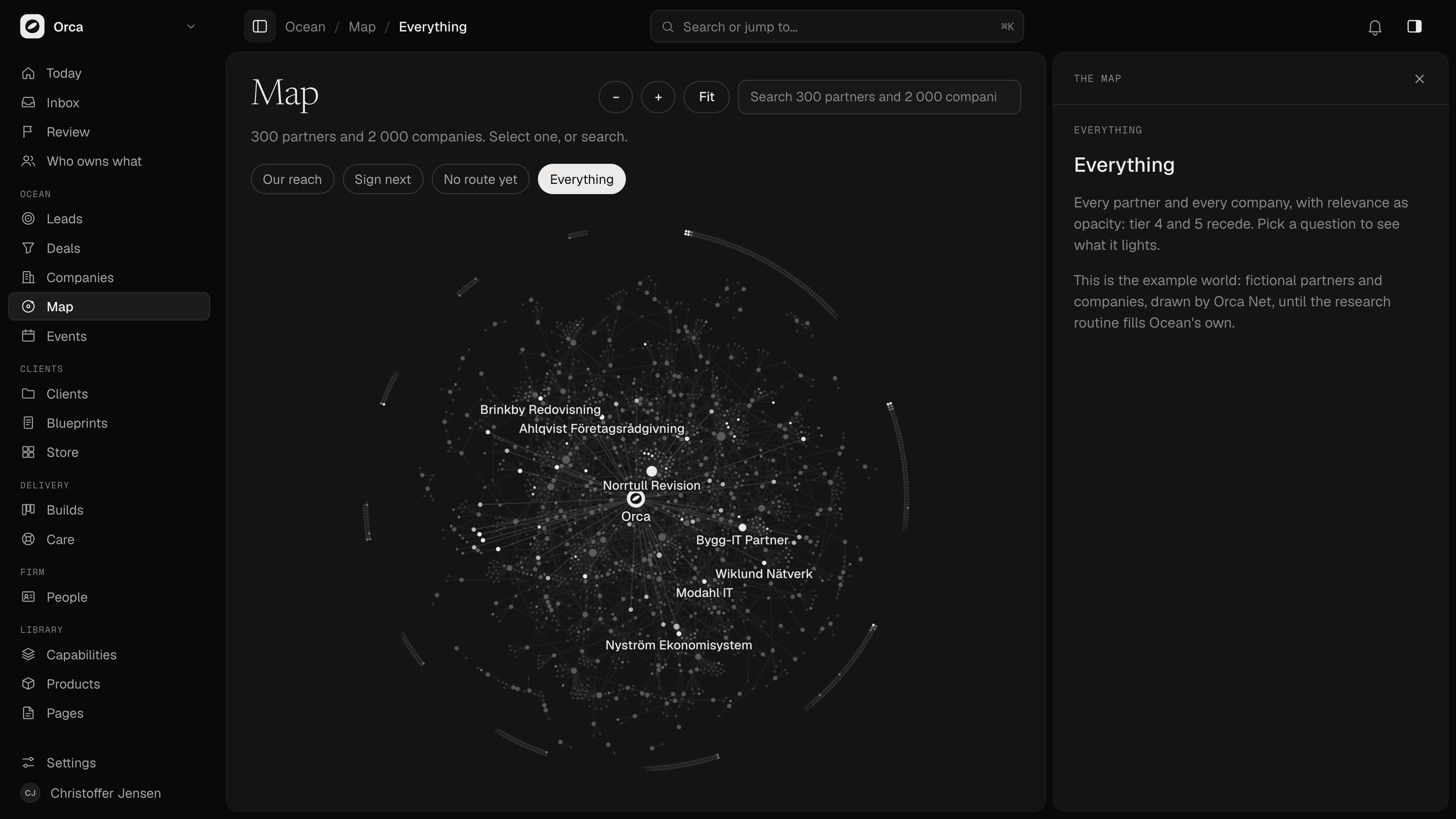 Ocean's map with the Everything question: all 300 partners and 2,000 companies, with lower tiers faded so the relevant ones stand out.