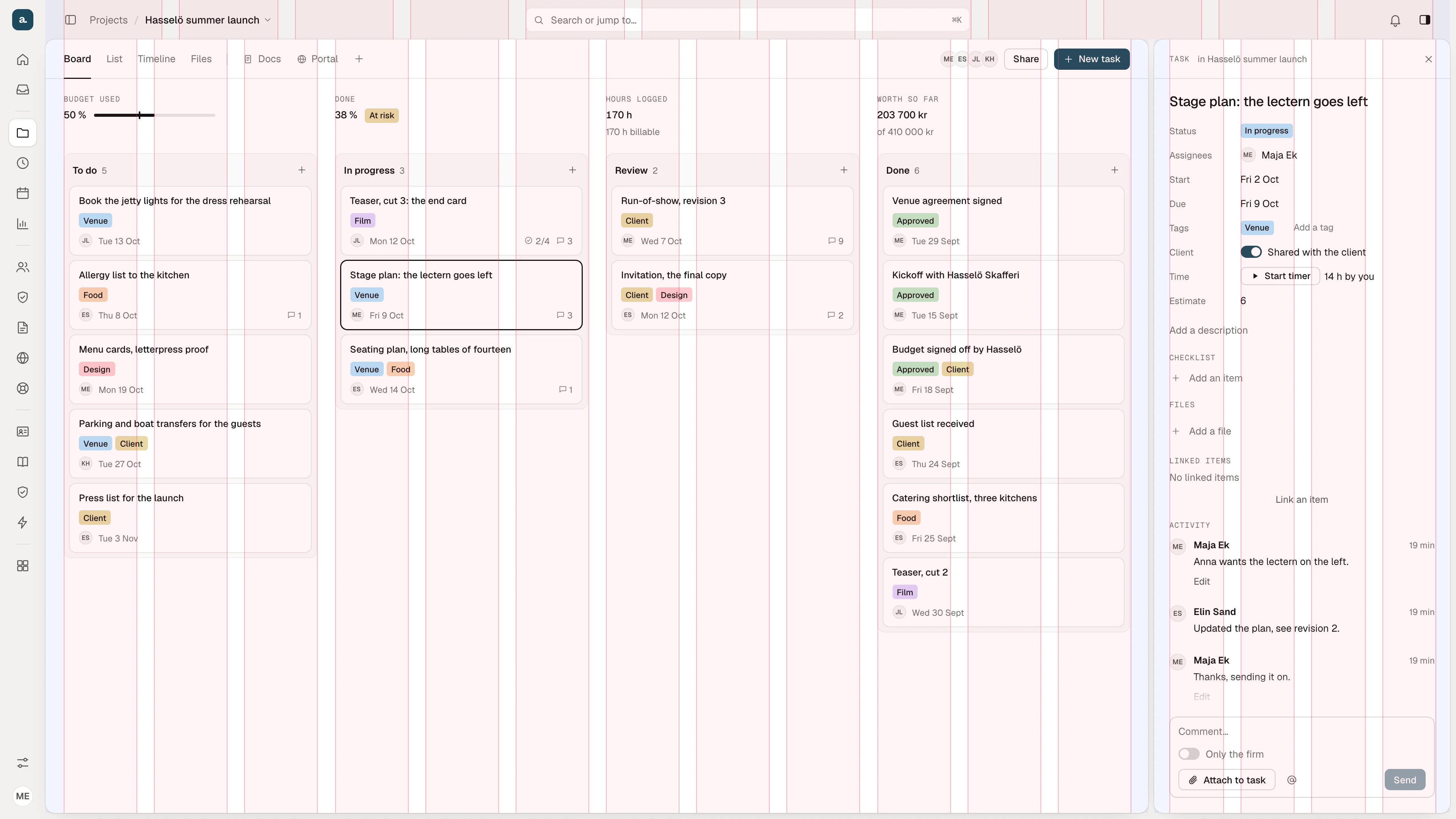 The same Orca project board with the 12 column grid drawn over it in red: the board's four columns, the header's search field and the narrower second window all start and end on column lines.