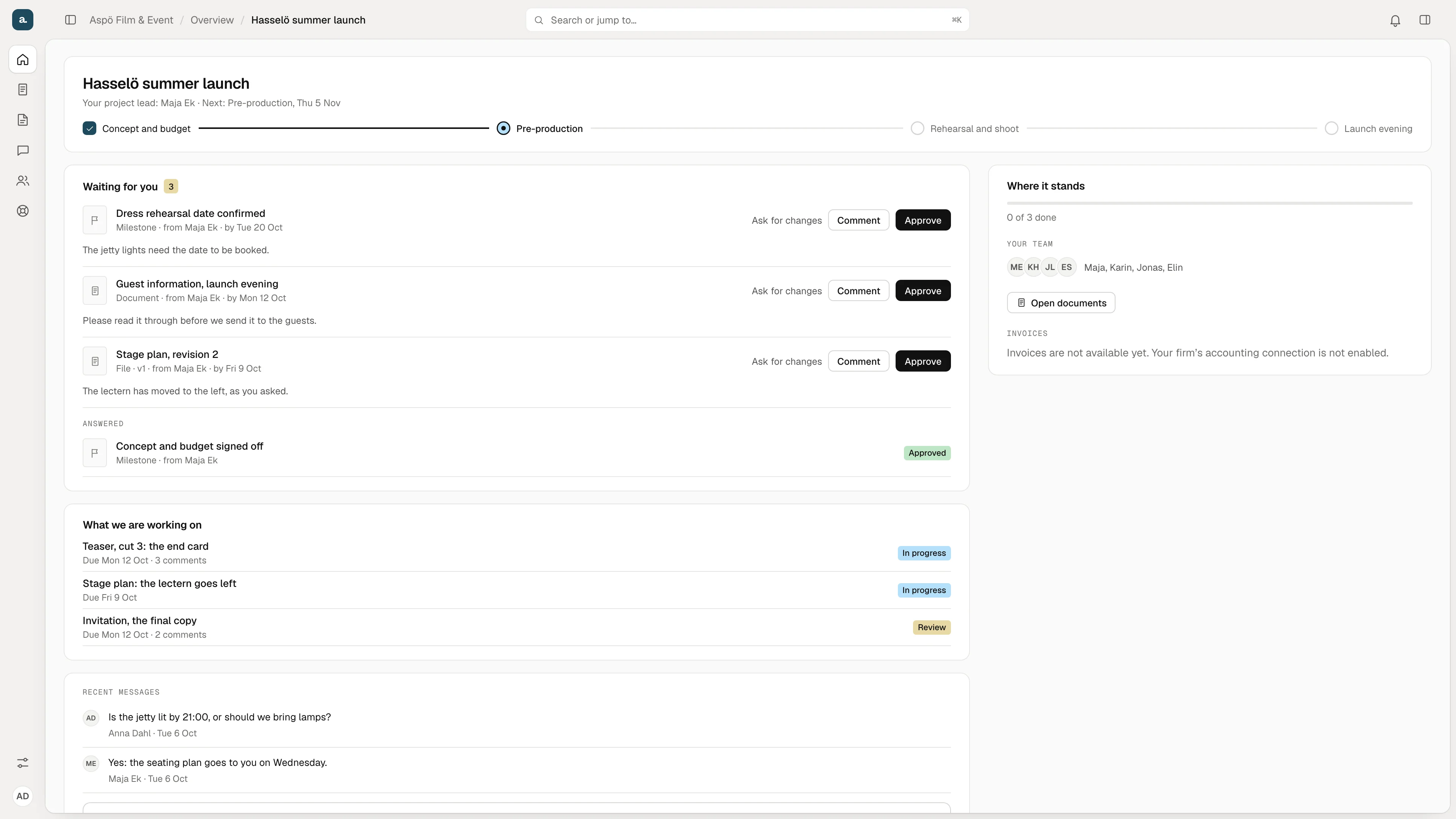 The client portal in Orca for one project: a progress line of four phases, three items waiting for the client to approve, what the team is working on and recent messages.