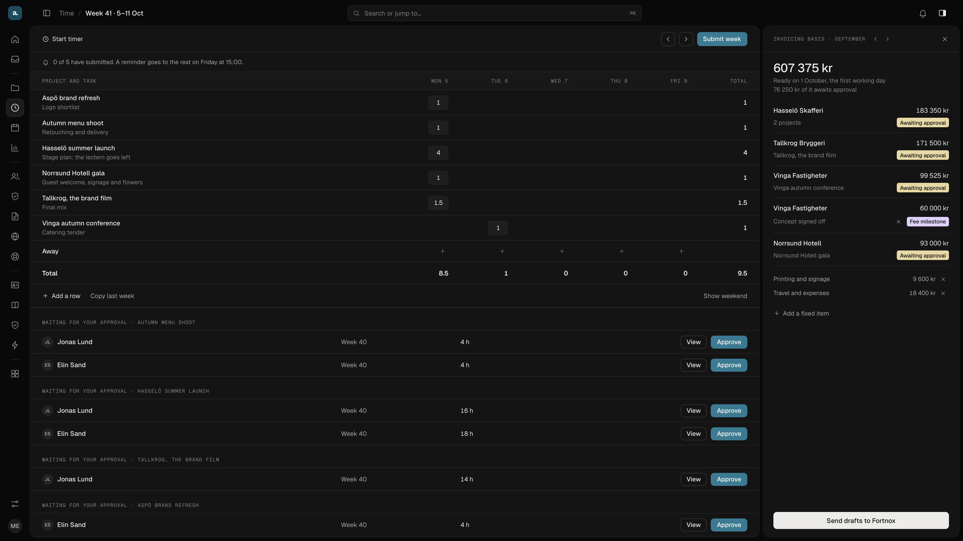 The week timesheet in Orca in the dark theme, with hours per project and approvals waiting below. The second window shows the month's invoicing basis per client.