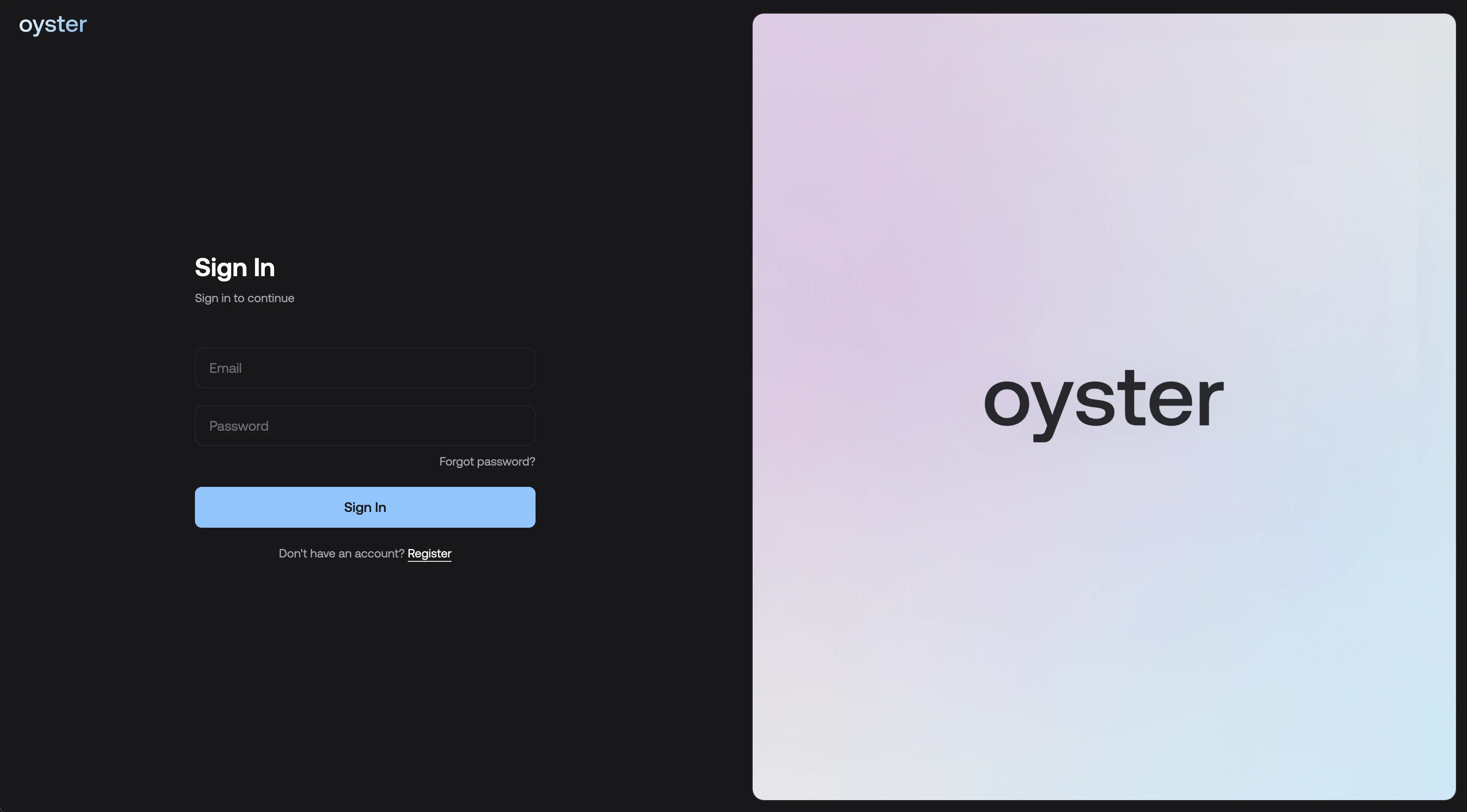 The Oyster sign-in, the wordmark and gradient that carry the product's brand.