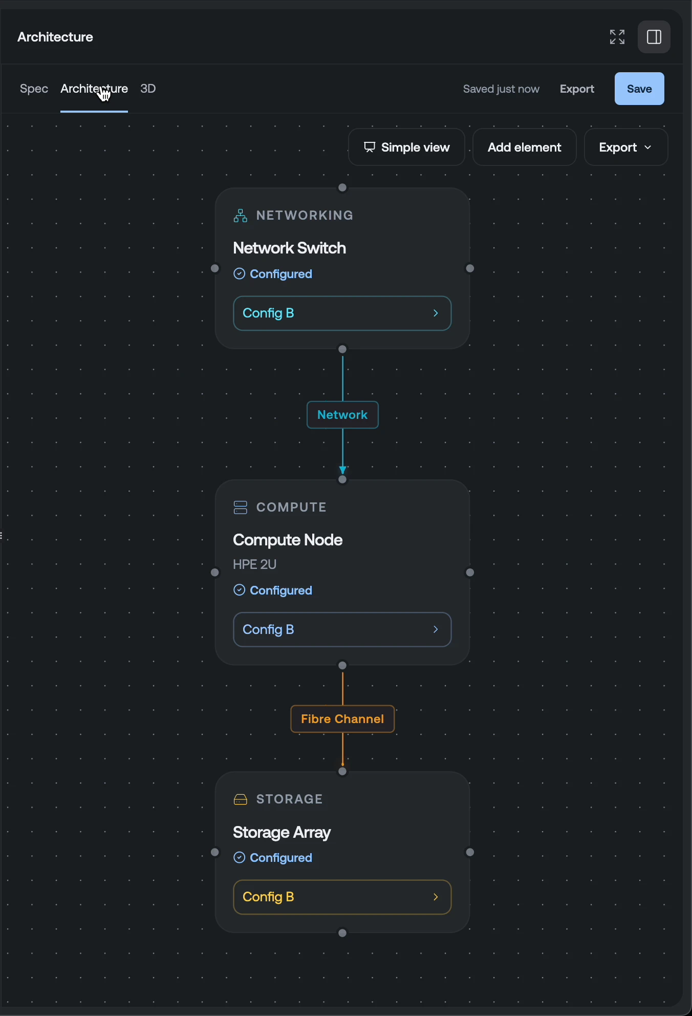 The architecture panel in Oyster: a network switch, a compute node and a storage array drawn as connected nodes, joined by a network link and a Fibre Channel link.