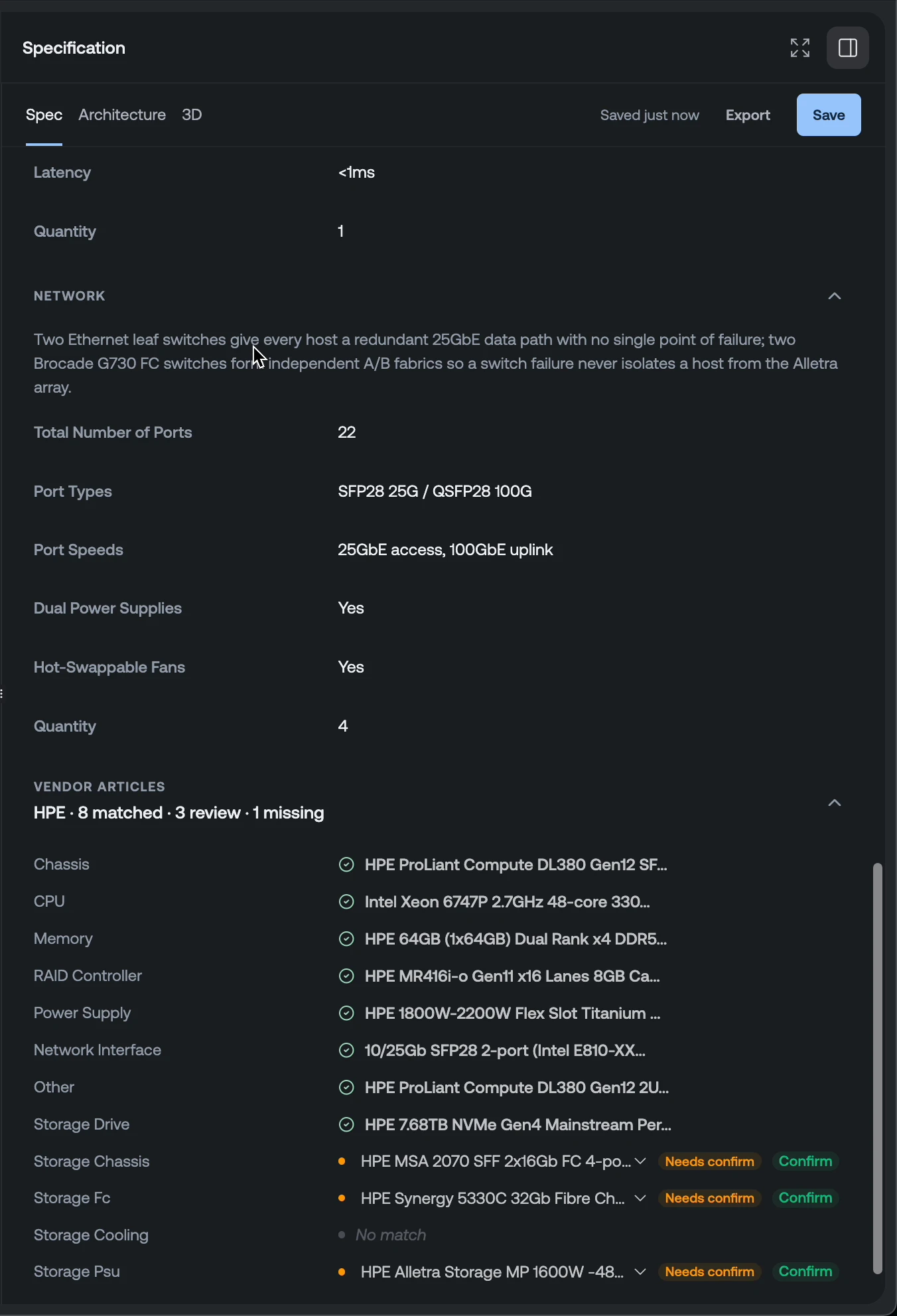 The specification panel in Oyster scrolled to its vendor articles: eight matched, three marked for review with a Confirm action and one with no match.