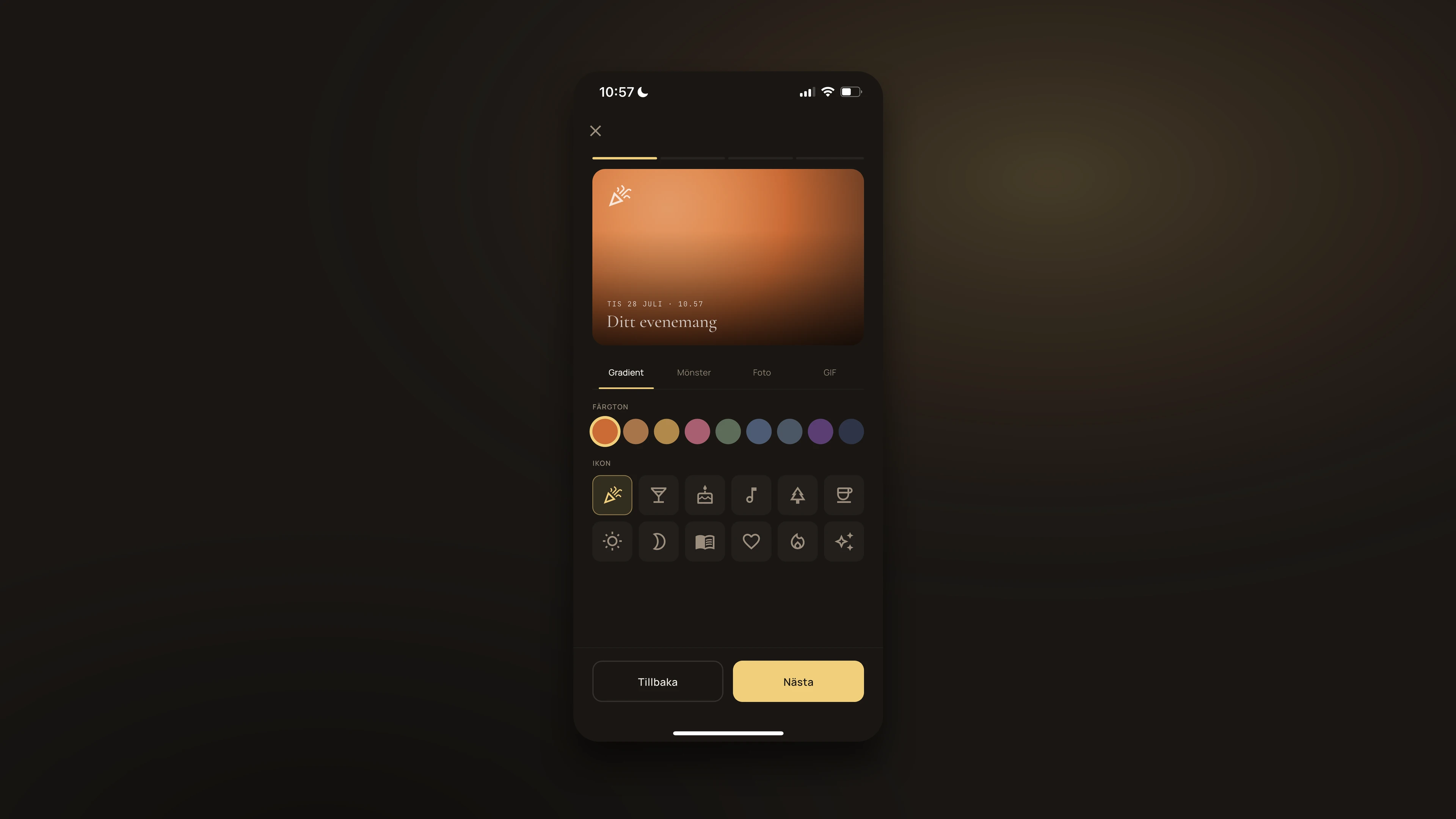 The Sorl invite builder: a live event card with gradient, pattern, photo and GIF backgrounds, a colour picker, and an icon set.
