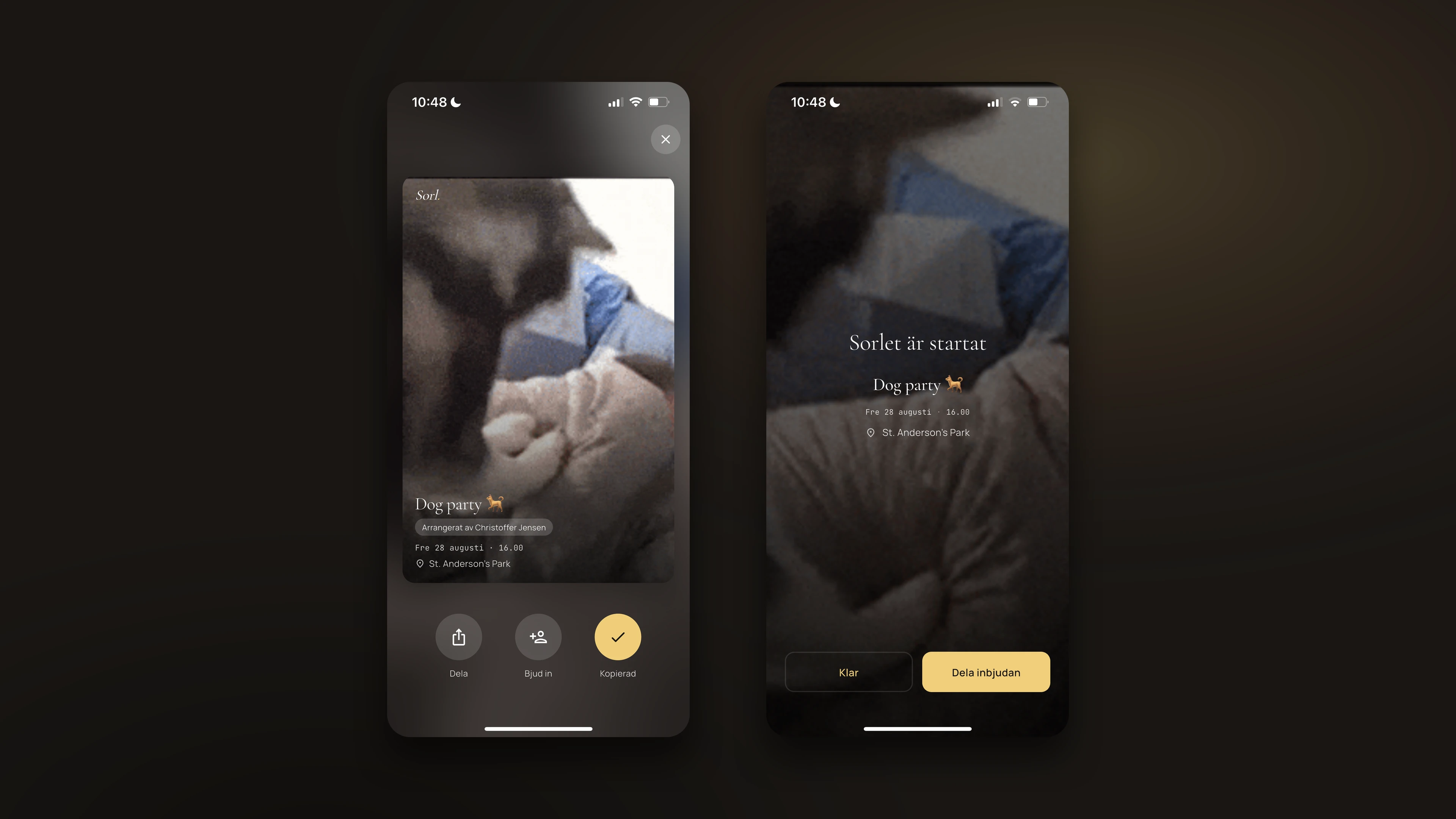 Two Sorl screens: the shareable invite card with Dela and Bjud in actions, and the 'Sorlet är startat' launch screen. Guests RSVP straight from the link, no install.